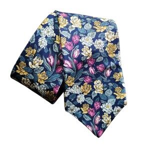 Lands End Silk Neck Tie Navy Blue with Pink Yellow Floral Pattern Made in USA